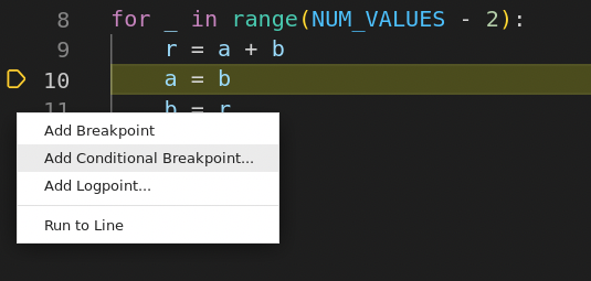 VSCode Debug conditional Breakpoint